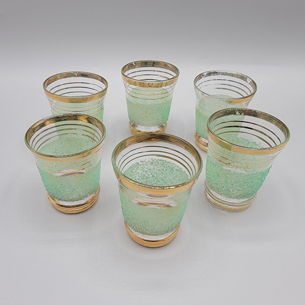 Mid-Century Modern Mint Green Textured Gold Band Cordial Shot Glasses Set of 6